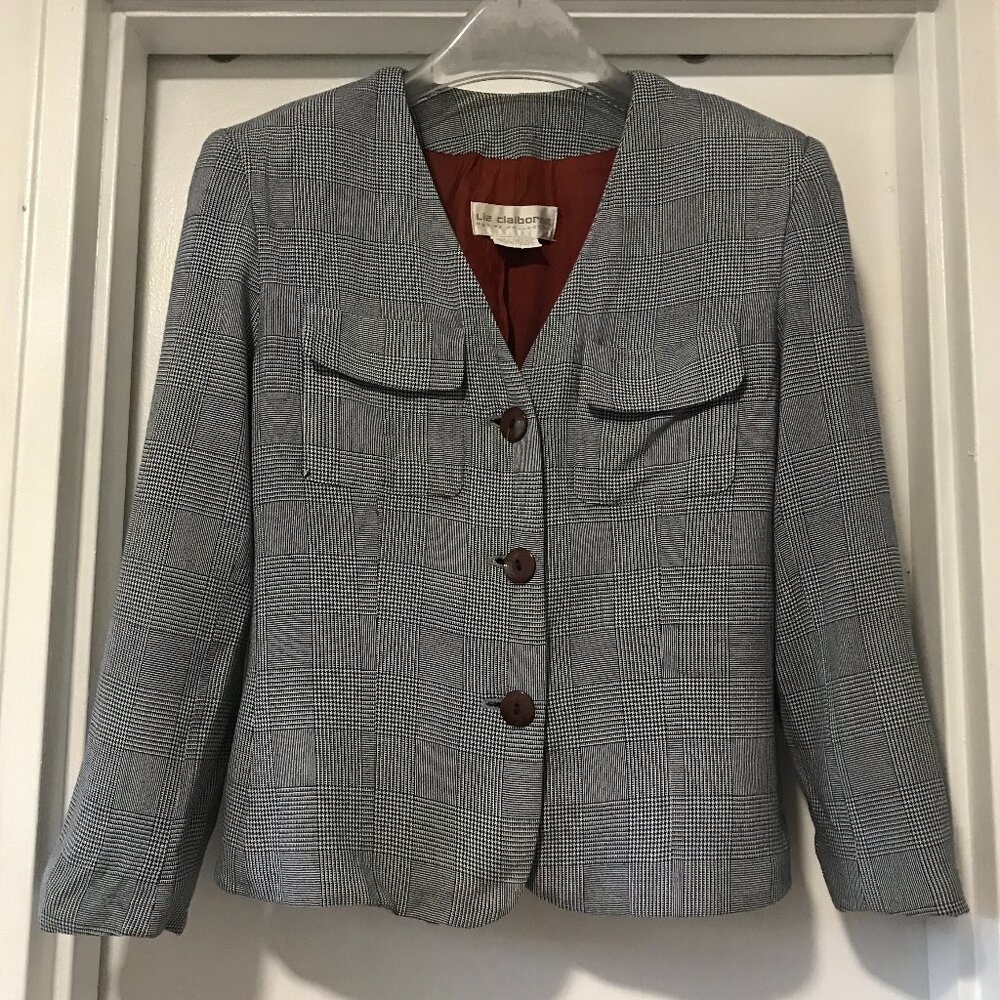 Liz Claiborne Vintage Cropped Checkered Houndstooth Blazer 3/4 Sleeve 8 Petite